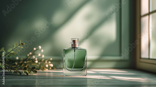 Perfume bottle on a green background with branches and flowers.