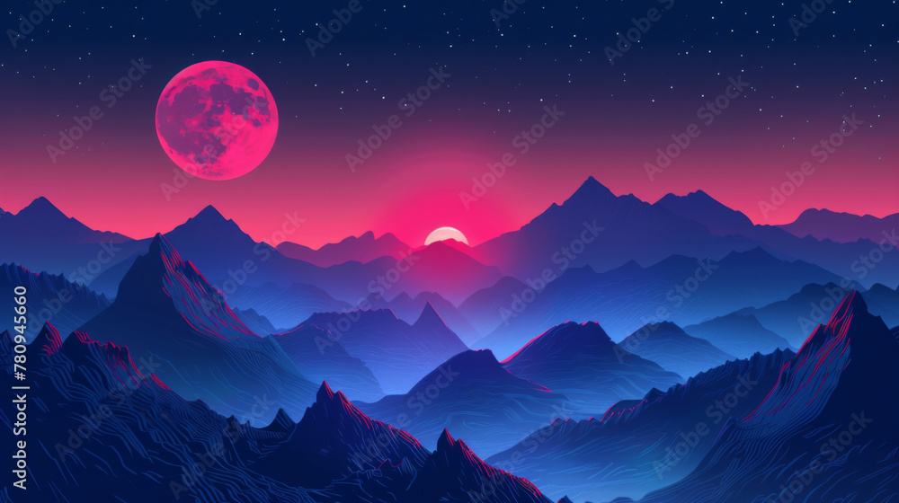 Digital art depicting a vivid red moon rising over stylized blue mountain ranges under a starry night sky.