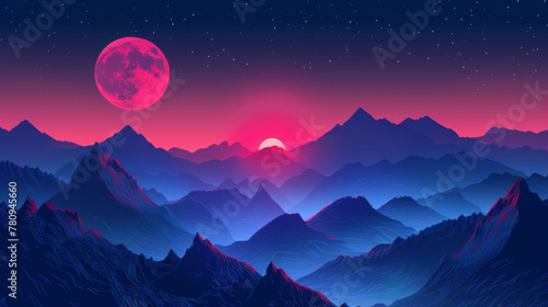 Digital art depicting a vivid red moon rising over stylized blue mountain ranges under a starry night sky.