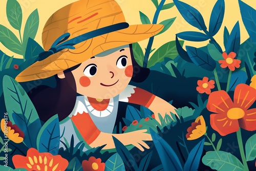 A cheerful child in a hat is immersed in a vibrant garden, symbolizing exploration and learning in nature. Ideal for educational content