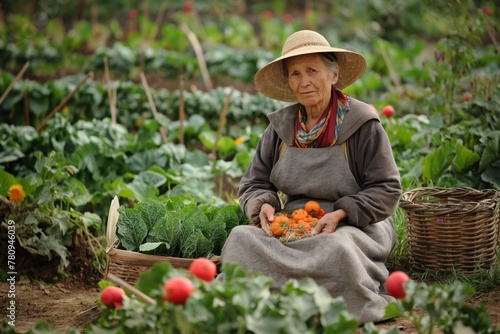 A senior woman, garbed in earthy clothes and a straw hat, sits amidst a verdant vegetable garden, cradling a harvest of fresh carrots. Ideal for organic farming and sustainable lifestyle themes.