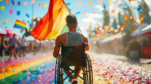 Disabled gay man in a wheelchair celebrating pride festival in the summer with rainbow flags and confetti street party with crowd. Copy space pride inclusion and diversity banner photo