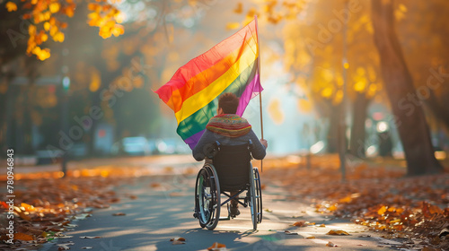 Happy gay disabled person in wheelchair carrying rainbow flag through New York central park during pride month parade LGBTQ+ celebration party summer festival. Autumn trees & orange leaves. Rear view. photo