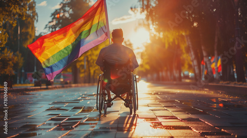 Dsabled gay person in wheelchair with rainbow flag on street parade during pride month celebration LGBTQ+ rights party summer festival. Inclusion & diversity. Autumn trees, golden hour sun. Rear view.