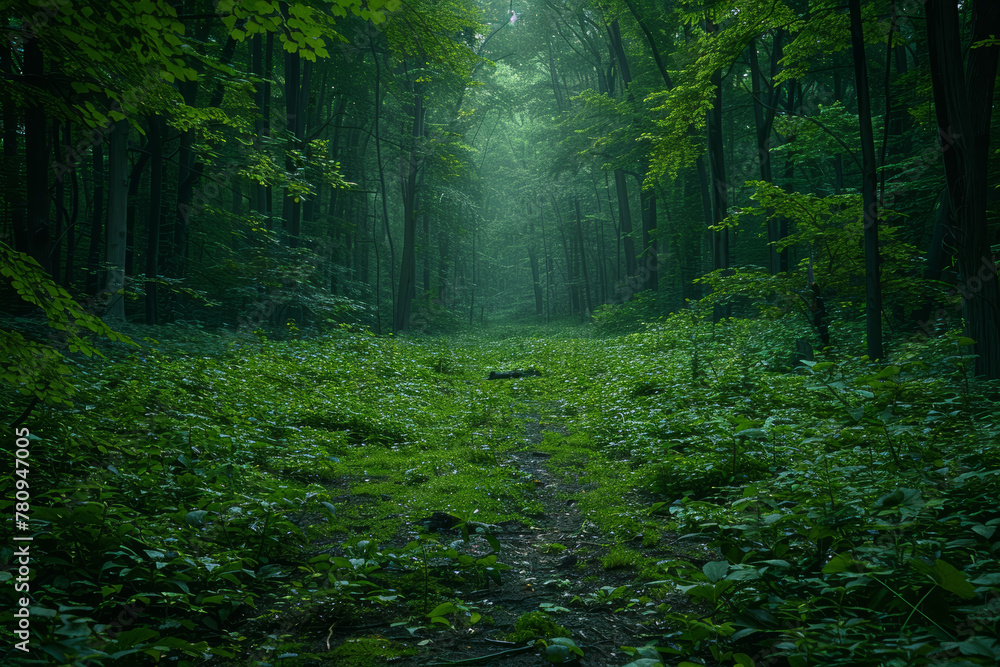 Obraz premium A dense forest with tangled undergrowth and hidden paths, disorienting those who venture within. Concept of natural complexity. Generative Ai.
