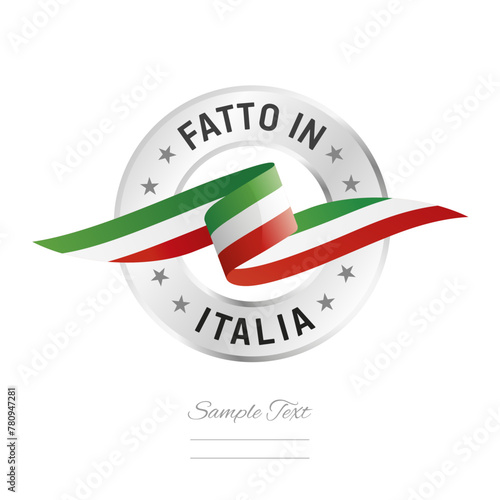 Made in Italy in Italian language. Italy flag ribbon with circle silver ring seal stamp icon. Italy sign label vector isolated on white background