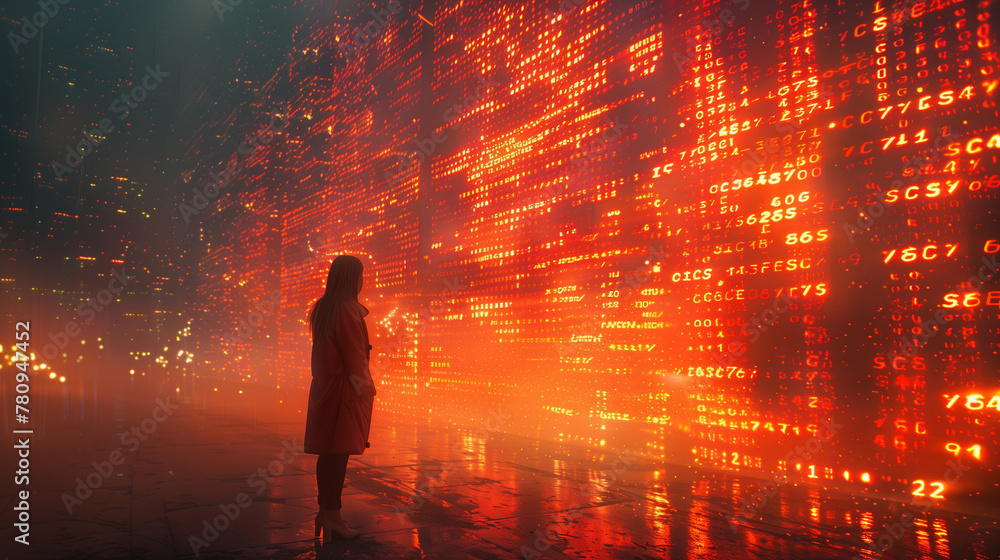 A woman stands in front of a wall of glowing numbers