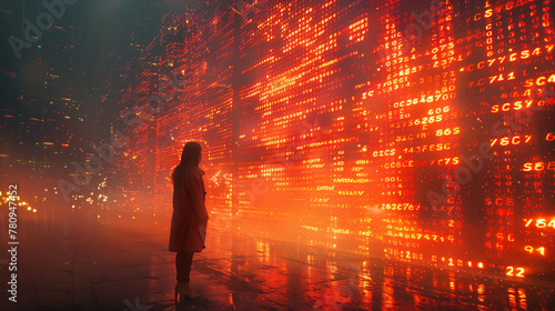 A woman stands in front of a wall of glowing numbers