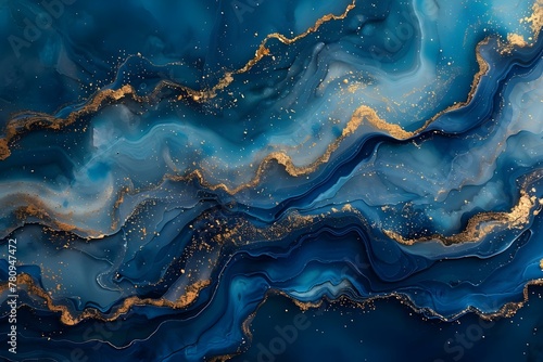 Geode-Inspired Abstract Art Featuring Dark Blue  Light Blue  and Gold Accents. Concept Geode-Inspired Art  Abstract Painting  Dark Blue Palette  Light Blue Accents  Gold Details