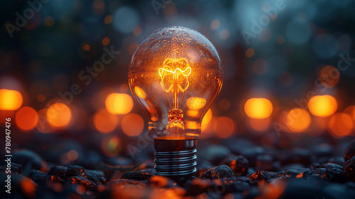 A light bulb is lit up in a dark background