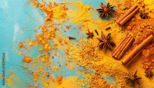 artistic culinary presentation with turmeric and spices on painted backdrop © Klay
