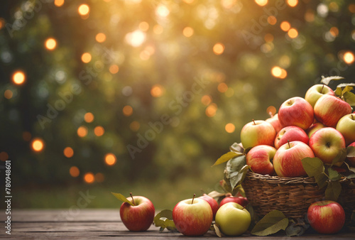 Tasty freshly harvested apples in a basket with warm bokeh light background