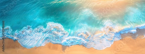 Relaxing aerial beach scene  summer vacation holiday template banner. Waves surf with amazing blue ocean lagoon  sea shore  coastline. Perfect aerial drone top view. AI generated illustration