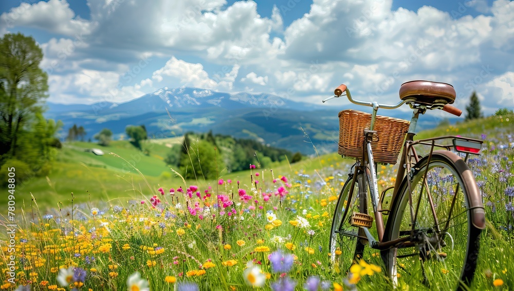 a vintage bicycle with a bouquet of yellow flowers in a basket against the background of a harvested rye field with haystacks. AI generated illustration - obrazy, fototapety, plakaty 