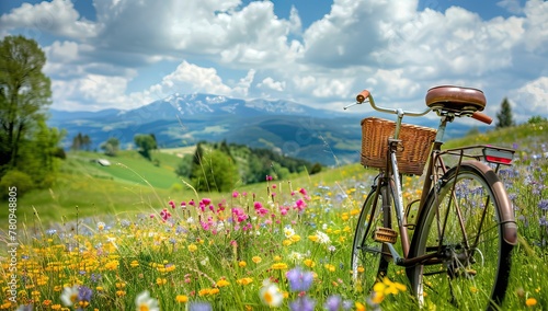 a vintage bicycle with a bouquet of yellow flowers in a basket against the background of a harvested rye field with haystacks. AI generated illustration photo