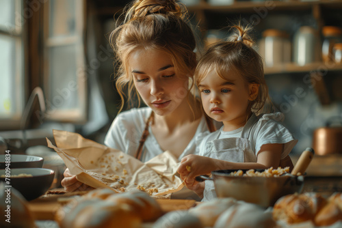 A mother teaching her child how to cook their favorite family recipes, passing down culinary traditions through generations. Concept of maternal heritage and cultural preservation. Generative Ai. photo