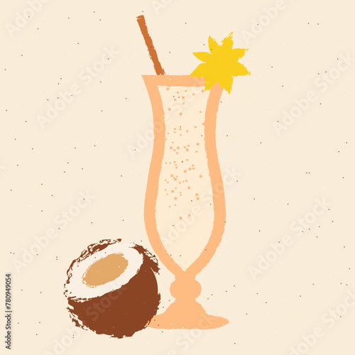 White cocktail with anise star and coconut. Pina colada in hurricane glass. Milkshake. Tropical cocktail. Alcohol drink for bar. Non-alcoholic beverage. Flat vector illustration with texture