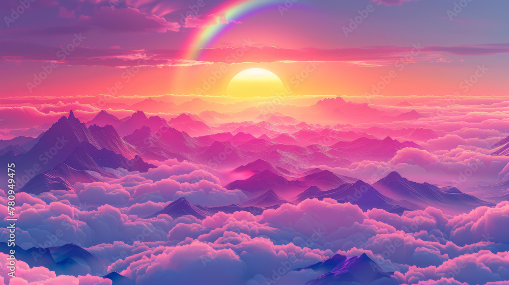 A vivid digital artwork of a sunset casting warm hues over soft clouds and sharp mountains, crowned by a radiant rainbow. A vivid digital artwork of a sunset casting warm hues over soft clouds and sharp mountains, crowned by a radiant rainbow.