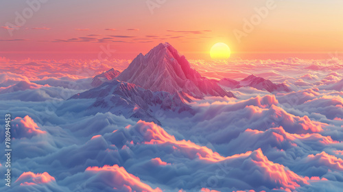 An ethereal sunrise scene with sun rays painting pink and orange shades across the fluffy cloud tops and mountain range. photo