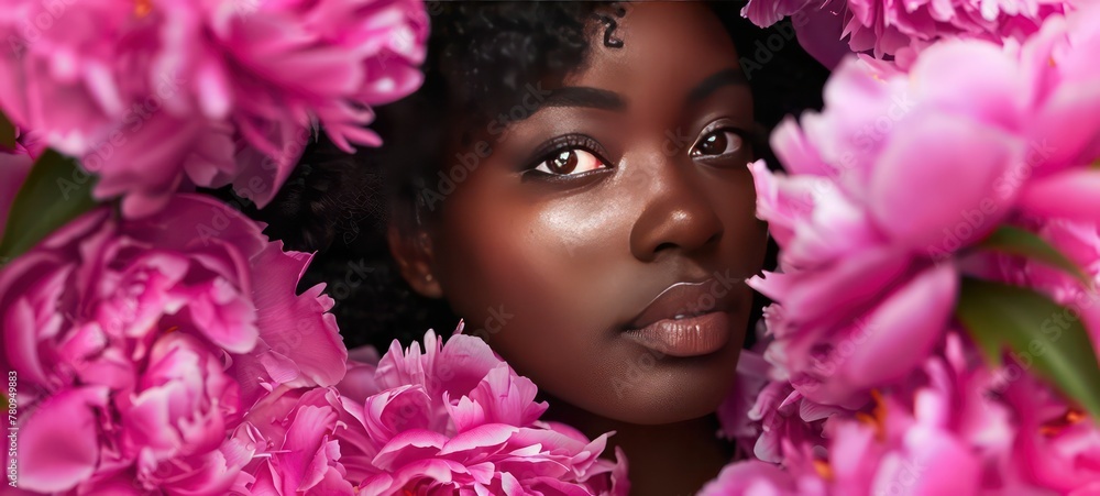 Close up beauty portrait of young beautiful african american woman among pink peonies Close up beauty portrait of young beautiful african american woman among pink peonies