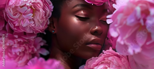 Close up beauty portrait of young beautiful african american woman among pink peonies © Ibad