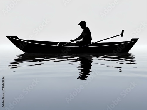 Reflective Rowing: Silhouetted Figure Paddling Small Boat on Transparent Background