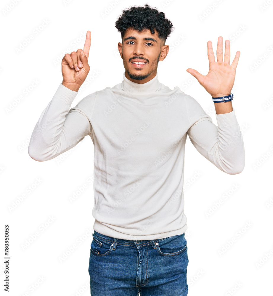 Young arab man wearing casual winter sweater showing and pointing up with fingers number six while smiling confident and happy. Young arab man wearing casual winter sweater showing and pointing up with fingers number six while smiling confident and happy.