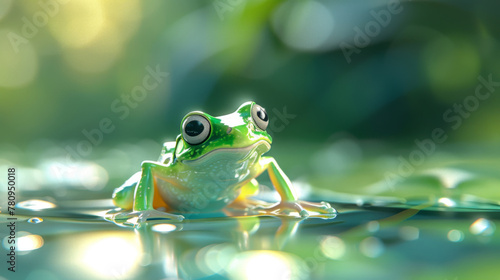 A tranquil digital image of a frog with a reflection on the water's surface, amidst a serene natural environment.