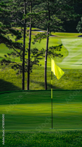 Golf course in the morning. Tournament. Yellow flag on green. Vertical format.