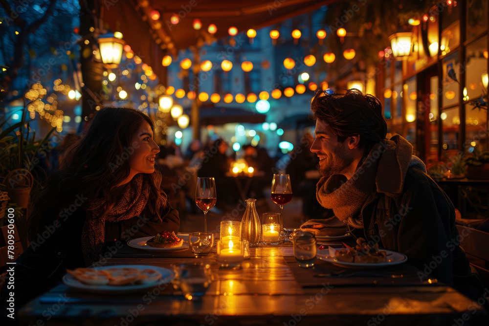 A couple enjoying a candlelit dinner at a cozy restaurant, savoring each bite and each other's company. Concept of romance and indulgence. Generative Ai. A couple enjoying a candlelit dinner at a cozy restaurant, savoring each bite and each other's company. Concept of romance and indulgence. Generative Ai.