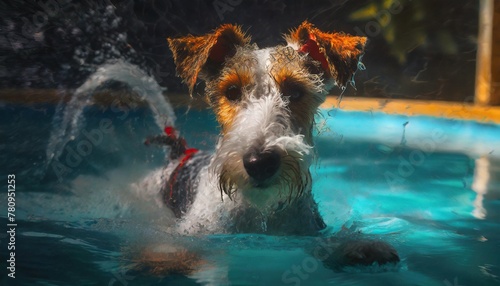 wire fox terrier swimming in pool photo