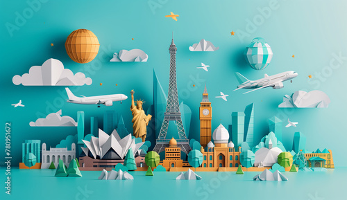 World travel concept with famous landmarks around the globe.  A minimalist origami style on a pastel blue background.