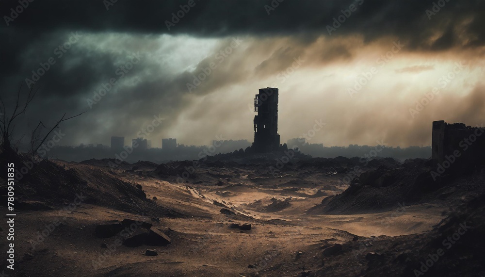 a post apocalypse desert with ruined city sky scraper in the distance - obrazy, fototapety, plakaty 