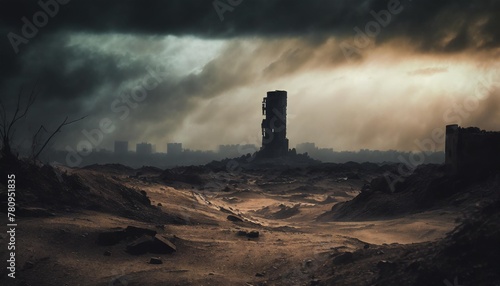 a post apocalypse desert with ruined city sky scraper in the distance