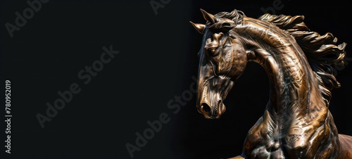 Golden and bronze rearing horse statue or trophy isolated on black background with copy space
