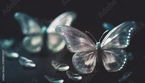 generative ai of plastic transparent butterflies on a dark background photo