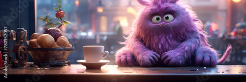 Morning coffee time Banner. Adorable purple fluffy character sitting at table in French coffee shop with cup of latte and crispy pastries. Cozy fairytale atmosphere.