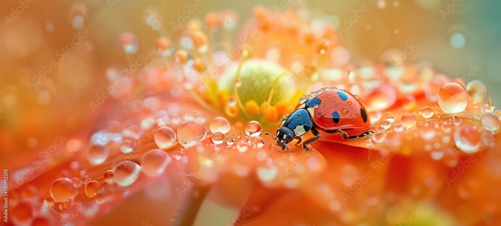Shot of a lady bug on yellow flower, with water droplets, warm natural light, backlit, macro, bokeh oil painting Shot of a lady bug on yellow flower, with water droplets, warm natural light, backlit, macro, bokeh oil painting