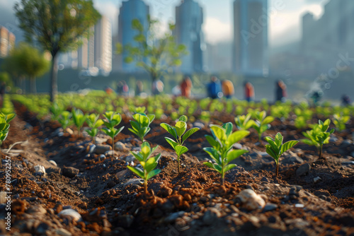 A volunteer group planting trees in urban areas, contributing to cleaner air and greener spaces for all. Concept of environmental conservation. Generative Ai.