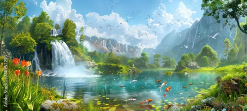 Landscape with waterfall and fish, spring flowers, green grass. Painting of summer