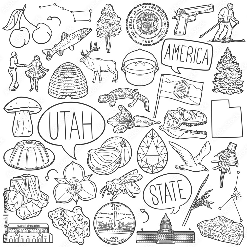 Utah Doodle Icons Black and White Line Art. USA State Clipart Hand Drawn Symbol Design.Illustrator Artwork.