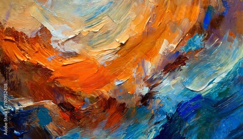 closeup of abstract rough colorful blue orange complementary colors art painting texture background wallpaper with oil or acrylic brushstroke waves pallet knife paint on canvas generative ai