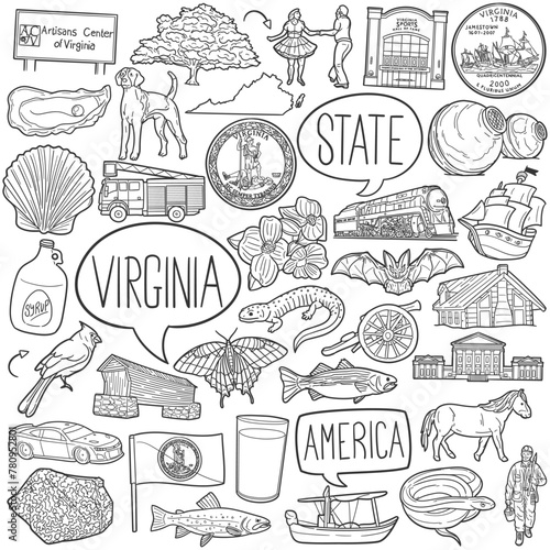 Virginia Doodle Icons Black and White Line Art. USA State Clipart Hand Drawn Symbol Design.Illustrator Artwork.