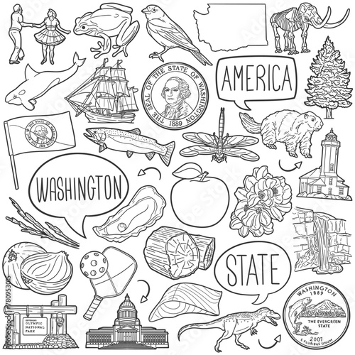 Washington Doodle Icons Black and White Line Art. USA State Clipart Hand Drawn Symbol Design.Illustrator Artwork. photo
