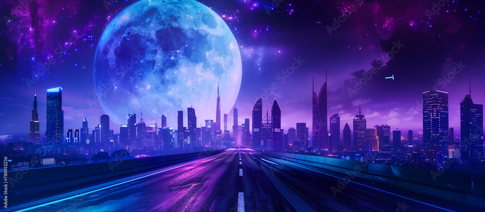 road leading through the futuristic city under a midnight sky with a full moon