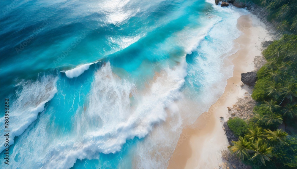 summer nature landscape aerial view of sandy beach and ocean with waves beautiful tropical island white empty beach and sea waves seen from above top aerial view tranquil relaxing scenic