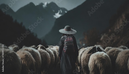 a shepherd guiding his flock of sheep generative ai © Slainie