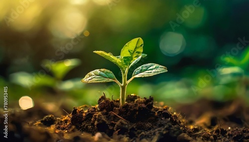 a young plant seedling growing in the soil blurry green sunlight background