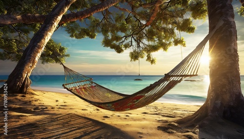 hammock tied to a tree on a sandy beach with a sea view rest and relaxation concept design for travel brochure vacation banner wallpaper realistic 3d render with a tranquil ocean scene