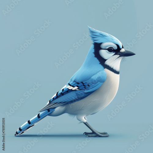 A beautifully rendered illustration of a blue jay bird standing alone on a plain backdrop.
